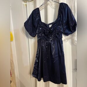 BRIGHT Navy Smock Dress Women’s Off /On Shoulder w/Rose Center Size M 34”s